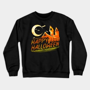 Haunted House Moon Bats Logo For Happy Halloween Crewneck Sweatshirt